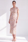Vestido Mãe da Noiva Bodycon Floral Bodycon Azul Floral Neck, Aplicado Com Abertura
