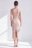 Vestido Mãe da Noiva Bodycon Floral Bodycon Azul Floral Neck, Aplicado Com Abertura