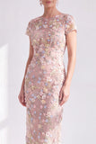 Vestido Mãe da Noiva Bodycon Floral Bodycon Azul Floral Neck, Aplicado Com Abertura
