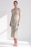 Vestido Mãe da Noiva Bodycon Floral Bodycon Azul Floral Neck, Aplicado Com Abertura