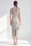 Vestido Mãe da Noiva Bodycon Floral Bodycon Azul Floral Neck, Aplicado Com Abertura