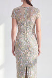 Vestido Mãe da Noiva Bodycon Floral Bodycon Azul Floral Neck, Aplicado Com Abertura
