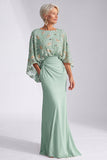 Vestido longo de mãe da noiva com gola bata verde sereia com gola bata e lantejoulas florais