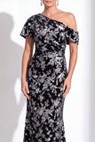 Vestido de Mãe da Noiva Veludo Veludo Fúcsia Veludo Floral de Um Ombro