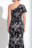 Vestido de Mãe da Noiva Veludo Veludo Fúcsia Veludo Floral de Um Ombro