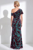 Vestido de Mãe da Noiva Veludo Veludo Fúcsia Veludo Floral de Um Ombro
