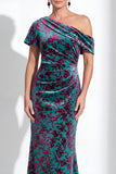 Vestido de Mãe da Noiva Veludo Veludo Fúcsia Veludo Floral de Um Ombro