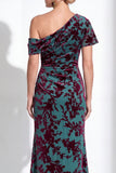 Vestido de Mãe da Noiva Veludo Veludo Fúcsia Veludo Floral de Um Ombro