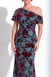 Vestido de Mãe da Noiva Veludo Veludo Fúcsia Veludo Floral de Um Ombro