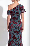 Vestido de Mãe da Noiva Veludo Veludo Fúcsia Veludo Floral de Um Ombro