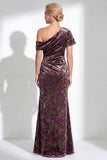 Vestido de Mãe da Noiva Veludo Veludo Fúcsia Veludo Floral de Um Ombro