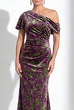 Vestido de Mãe da Noiva Veludo Veludo Fúcsia Veludo Floral de Um Ombro