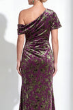 Vestido de Mãe da Noiva Veludo Veludo Fúcsia Veludo Floral de Um Ombro