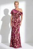Vestido de Mãe da Noiva Veludo Veludo Fúcsia Veludo Floral de Um Ombro