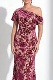 Vestido de Mãe da Noiva Veludo Veludo Fúcsia Veludo Floral de Um Ombro