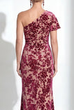 Vestido de Mãe da Noiva Veludo Veludo Fúcsia Veludo Floral de Um Ombro