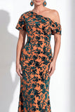 Vestido de Mãe da Noiva Veludo Veludo Fúcsia Veludo Floral de Um Ombro