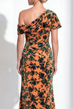 Vestido de Mãe da Noiva Veludo Veludo Fúcsia Veludo Floral de Um Ombro