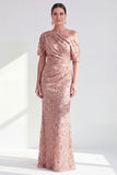 Vestido de Mãe da Noiva Floral Champanhe de Um Ombro com Lantejoulas