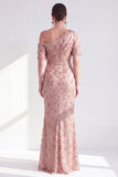 Vestido de Mãe da Noiva Floral Champanhe de Um Ombro com Lantejoulas