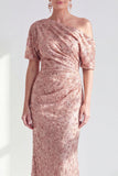 Vestido de Mãe da Noiva Floral Champanhe de Um Ombro com Lantejoulas