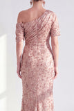 Vestido de Mãe da Noiva Floral Champanhe de Um Ombro com Lantejoulas