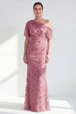 Vestido de Mãe da Noiva Floral Champanhe de Um Ombro com Lantejoulas