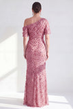 Vestido de Mãe da Noiva Floral Champanhe de Um Ombro com Lantejoulas