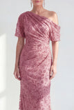 Vestido de Mãe da Noiva Floral Champanhe de Um Ombro com Lantejoulas