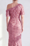 Vestido de Mãe da Noiva Floral Champanhe de Um Ombro com Lantejoulas