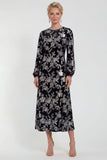 Vestido Midi de Veludo A-Line Fúcsia com decote redondo e mangas compridas