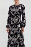Vestido Midi de Veludo A-Line Fúcsia com decote redondo e mangas compridas