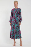 Vestido Midi de Veludo A-Line Fúcsia com decote redondo e mangas compridas