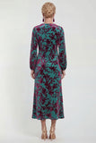 Vestido Midi de Veludo A-Line Fúcsia com decote redondo e mangas compridas