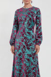 Vestido Midi de Veludo A-Line Fúcsia com decote redondo e mangas compridas
