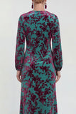 Vestido Midi de Veludo A-Line Fúcsia com decote redondo e mangas compridas