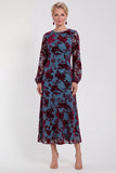 Vestido Midi de Veludo A-Line Fúcsia com decote redondo e mangas compridas