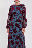 Vestido Midi de Veludo A-Line Fúcsia com decote redondo e mangas compridas