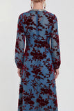 Vestido Midi de Veludo A-Line Fúcsia com decote redondo e mangas compridas