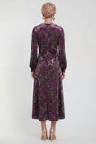 Vestido Midi de Veludo A-Line Fúcsia com decote redondo e mangas compridas