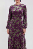 Vestido Midi de Veludo A-Line Fúcsia com decote redondo e mangas compridas