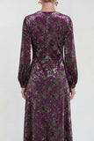 Vestido Midi de Veludo A-Line Fúcsia com decote redondo e mangas compridas