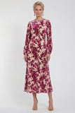 Vestido Midi de Veludo A-Line Fúcsia com decote redondo e mangas compridas