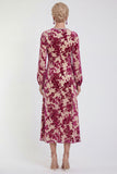 Vestido Midi de Veludo A-Line Fúcsia com decote redondo e mangas compridas