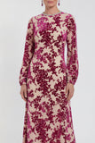 Vestido Midi de Veludo A-Line Fúcsia com decote redondo e mangas compridas