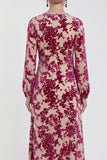 Vestido Midi de Veludo A-Line Fúcsia com decote redondo e mangas compridas