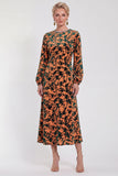 Vestido Midi de Veludo A-Line Fúcsia com decote redondo e mangas compridas