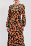 Vestido Midi de Veludo A-Line Fúcsia com decote redondo e mangas compridas