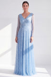 Vestido Mãe da Noiva, roxo escuro e decote em V longo, linha A com mangas compridas