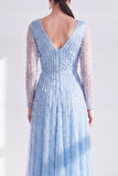 Vestido Mãe da Noiva, roxo escuro e decote em V longo, linha A com mangas compridas